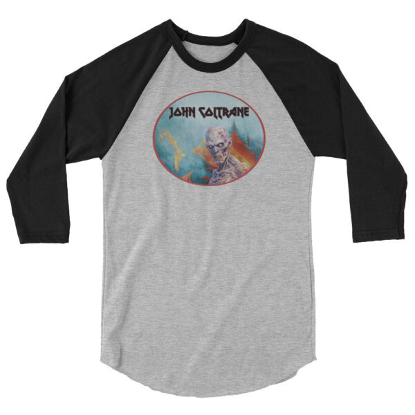 Front view of a heather gray and black raglan shirt featuring a large oval design with a snarling skeleton figure and vibrant red-blue background, captioned with “John Coltrane.”