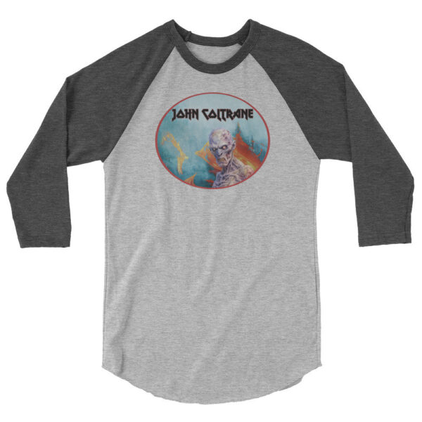 Front view of a heather gray and charcoal raglan shirt with black sleeves and a central graphic of a monstrous skeletal face, labeled “John Coltrane” in angular metal font.