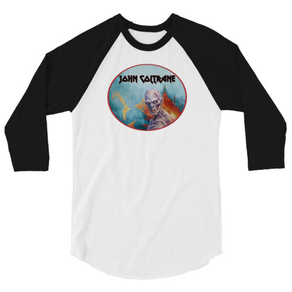 Front view of a white raglan shirt with black sleeves displaying a centered print of a ghoulish zombie illustration encircled in red with the words “John Coltrane” above in stylized text.