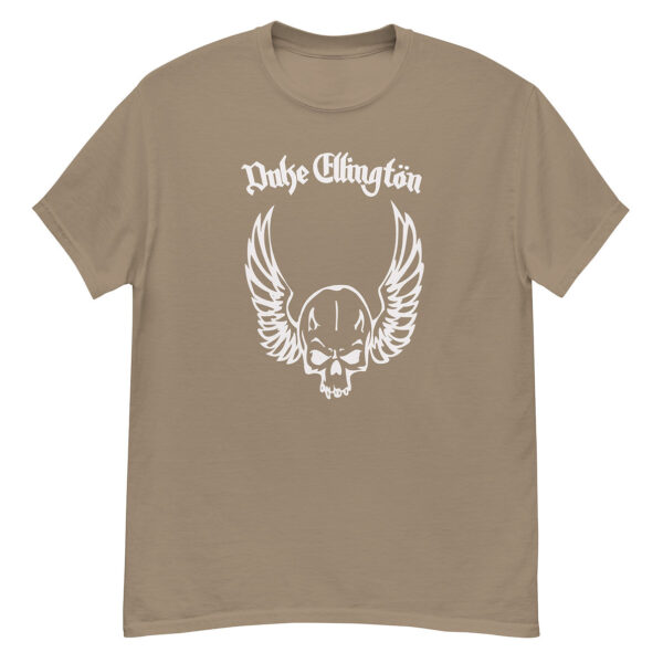 Khaki t-shirt with white “Duke Ellington” gothic text and winged skull graphic