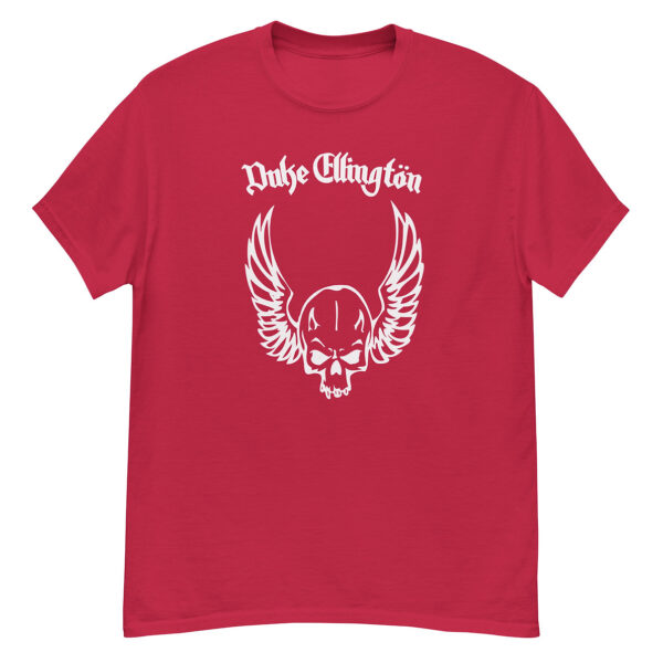 Red t-shirt with white “Duke Ellington” gothic text and winged skull graphic