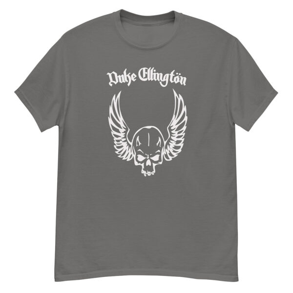Slate gray t-shirt with white “Duke Ellington” gothic text and winged skull graphic