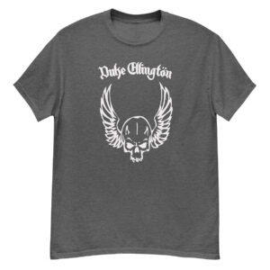 Dark gray t-shirt with white “Duke Ellington” gothic text and winged skull graphic