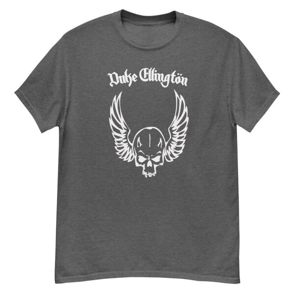 Dark gray t-shirt with white “Duke Ellington” gothic text and winged skull graphic