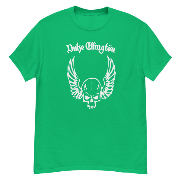 Bright green t-shirt with white “Duke Ellington” gothic text and winged skull graphic