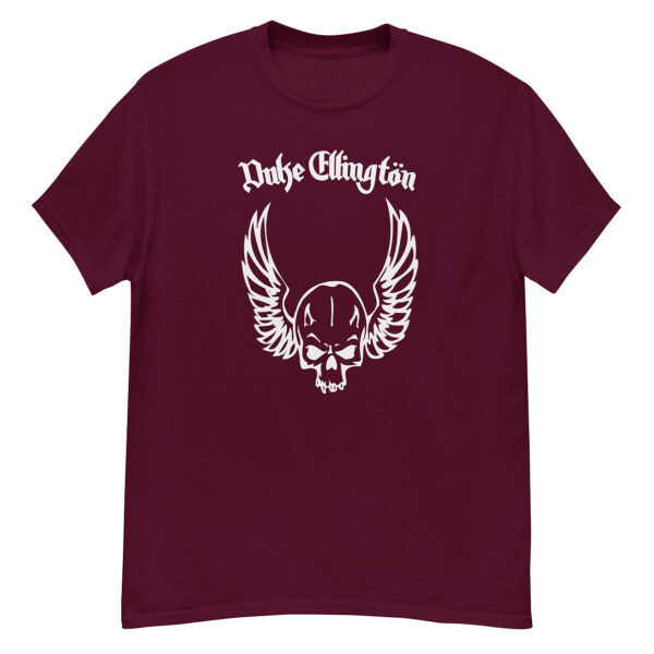 Maroon Duke Ellington t-shirt displaying a large white winged skull and stylized “Duke Ellington” type across the upper chest.