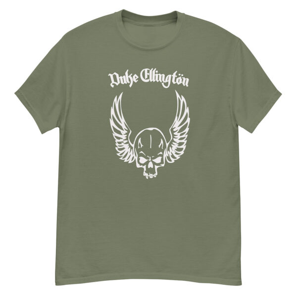 Sage green Duke Ellington t-shirt with a white winged skull graphic and bold white “Duke Ellington” text in gothic font.