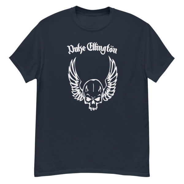 Navy Duke Ellington t-shirt featuring a centered white winged skull illustration and ornate “Duke Ellington” font in white above it.