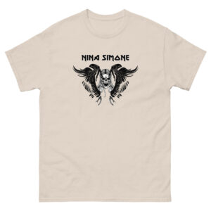 Light beige t-shirt printed with a black gothic winged skull graphic and the name “Nina Simone” displayed in a bold, spiked font.