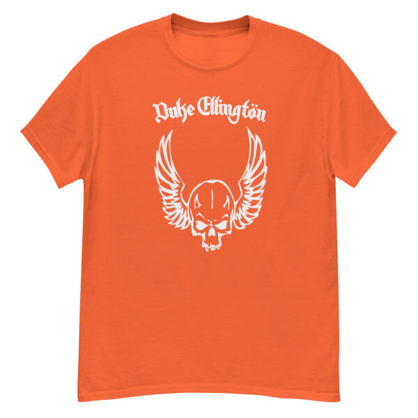 Bright orange Duke Ellington t-shirt with a white skull-and-wings graphic and stylized “Duke Ellington” text across the chest.