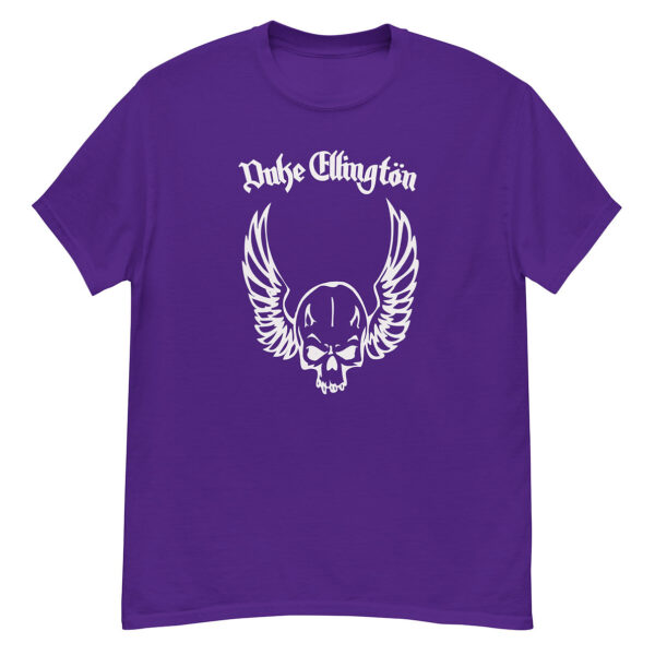 Purple Duke Ellington t-shirt featuring a bold white winged skull illustration centered beneath white gothic “Duke Ellington” lettering.
