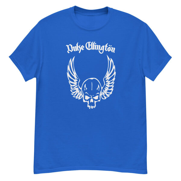 Royal blue Duke Ellington t-shirt with a large white winged skull graphic and stylized gothic “Duke Ellington” text above.