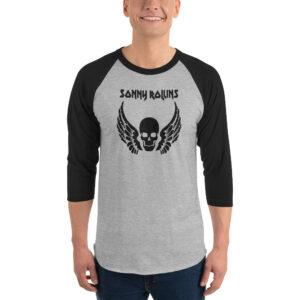 Heather gray and black raglan baseball shirt with bold black artwork of a winged skull and “Sonny Rollins” stylized above the design.