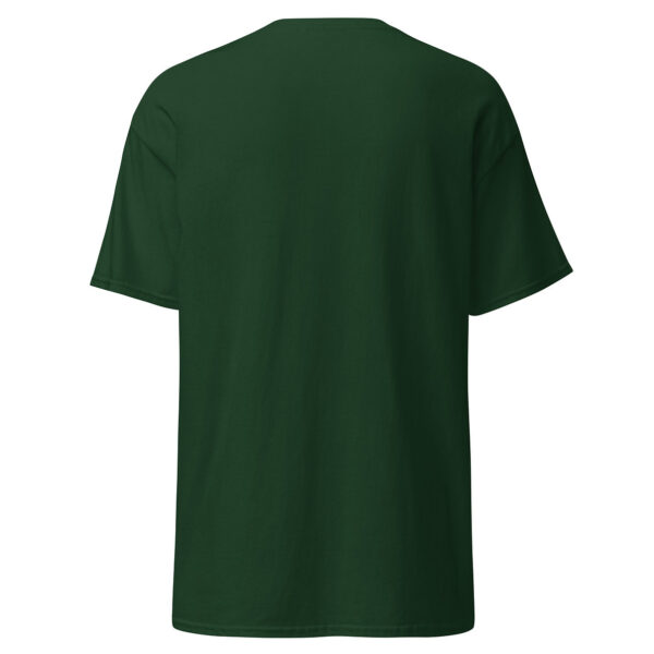 Back view of plain forest green t-shirt, no design or text.