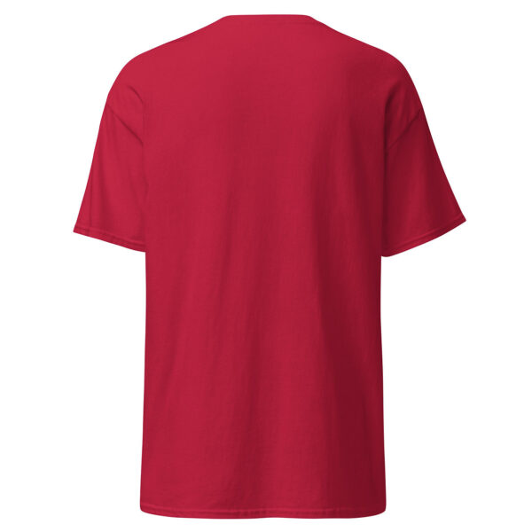 Back view of a plain red t-shirt with no design or text.