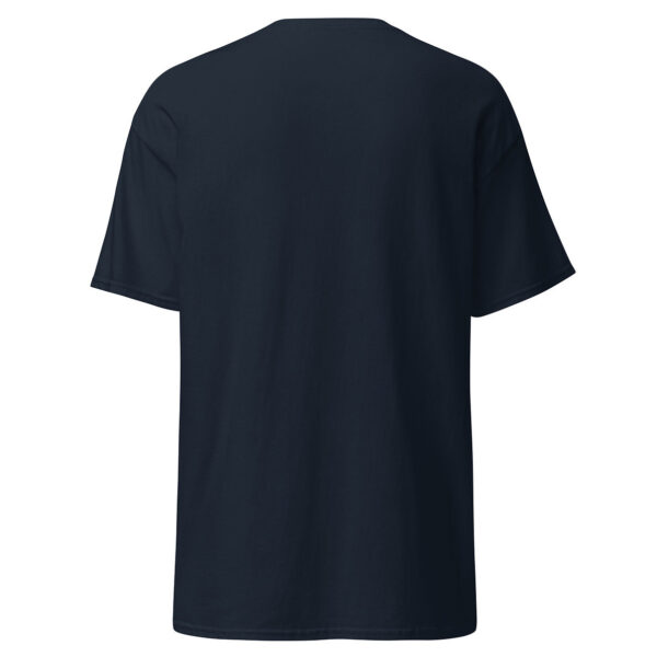 Back view of a navy unisex t-shirt with no visible design or text.