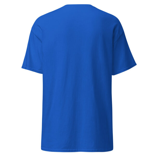 Back of a plain bright blue short-sleeve t-shirt with no graphics or text.