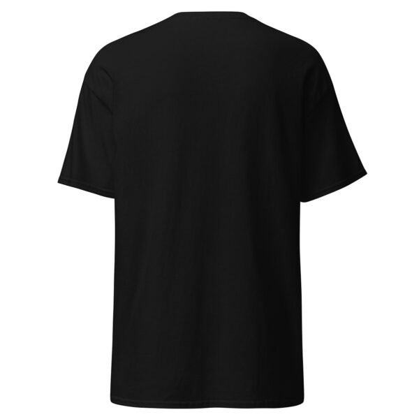 Back view of a plain black unisex t-shirt with no visible print or design.