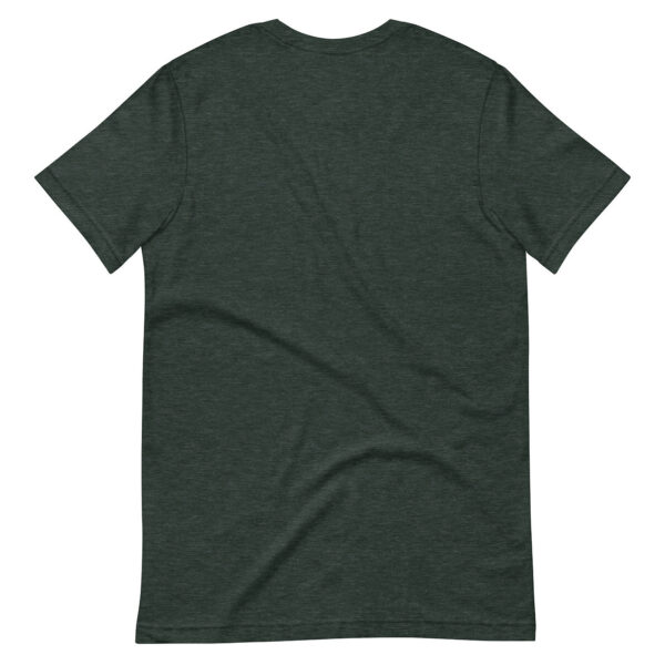 Back view of a dark heather green short-sleeve t-shirt, unprinted and laid flat to show seam and fabric texture clearly.