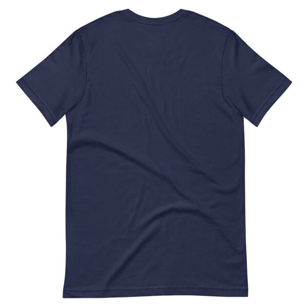 Back view of navy blue t-shirt, plain with no visible design or text
