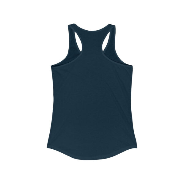 Back view of a navy blue women’s racerback tank top laid flat on a white background. The fabric is smooth and the shape flares slightly at the hem.