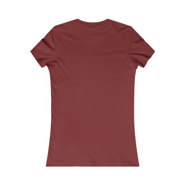 Back view of a women’s fitted t-shirt in maroon, laid flat on a white background.