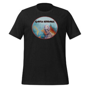 Heather black short-sleeve unisex t-shirt featuring a surreal zombie-style figure inside a red oval frame, with "Django Reinhardt" in bold black lettering at the top of the design.