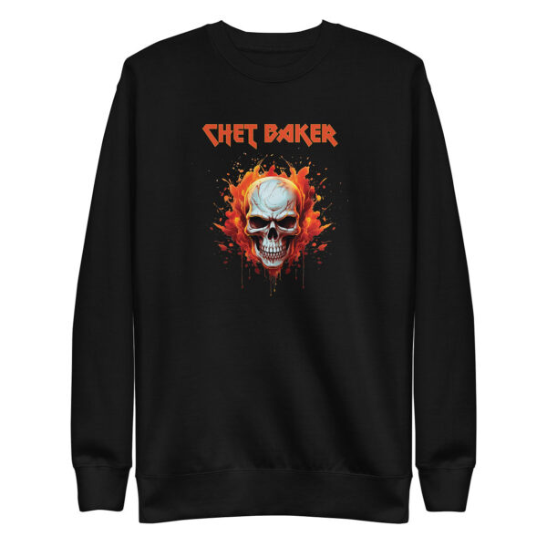 Black crewneck sweatshirt with flaming skull and “Chet Baker” in metal-style font