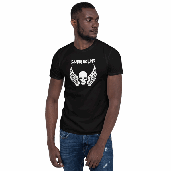 Black Sonny Rollins t-shirt worn by a model with a white skull and wings graphic and blocky white “Sonny Rollins” text centered above the design.