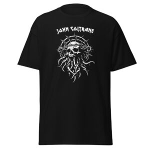 Black shirt with stark white illustration of a skull caught in barbed wire and vines, “John Coltrane” in stylized letters above.