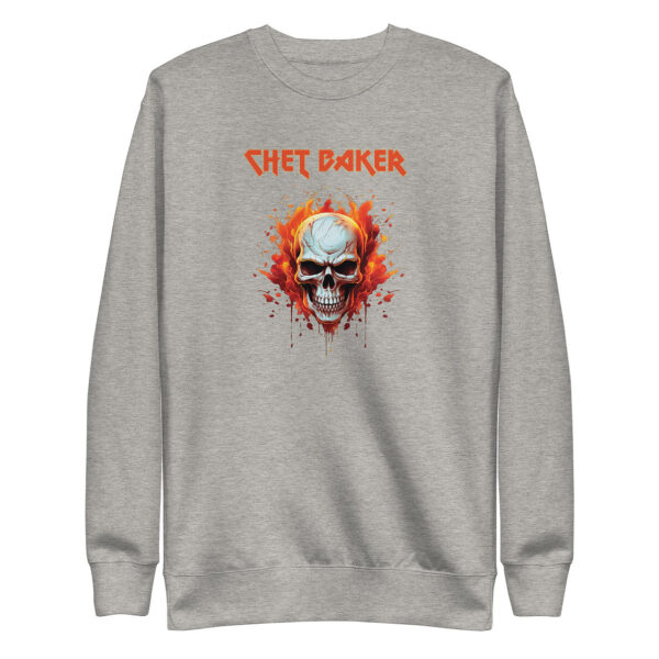 Light grey crewneck sweatshirt with flaming skull and “Chet Baker” in metal-style font