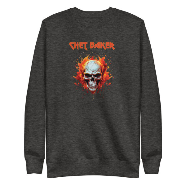 Charcoal heather crewneck sweatshirt with flaming skull and “Chet Baker” in metal-style font