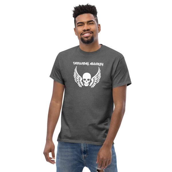 Charcoal Cannonball Adderley t-shirt worn by model, with winged skull motif printed across the chest.