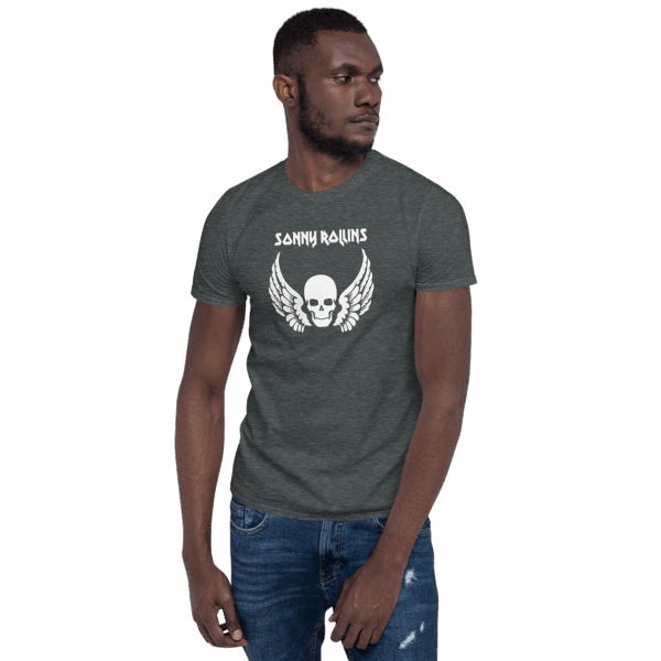 Heather forest green Sonny Rollins t-shirt worn by a model showing a winged skull graphic in white and bold “Sonny Rollins” lettering on the chest.