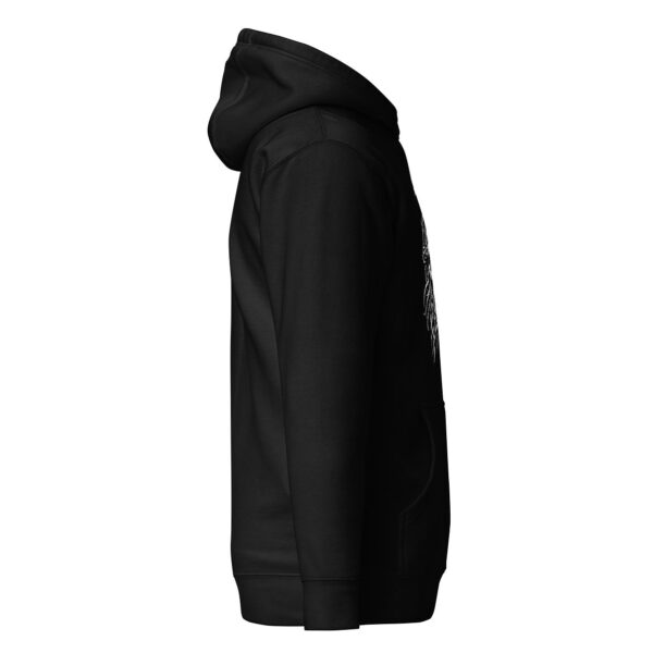Side view of a black unisex hoodie showing part of a white spiky skull illustration with swirling tentacle details.