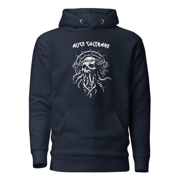 Front view of a navy unisex hoodie with a white print of a detailed skull, spiked tentacles extending beneath, and a circular crown of thorns behind, topped by sharp, angular lettering.