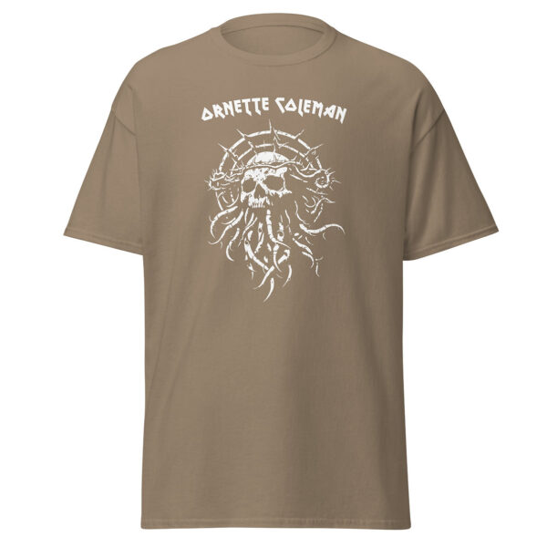 Unisex light brown t-shirt printed with a spiny skull and tentacle design in white, topped by “Ornette Coleman” in uppercase letters.
