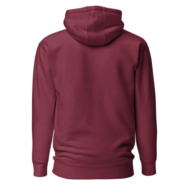 Back view of a maroon unisex hoodie with a plain surface and no artwork.