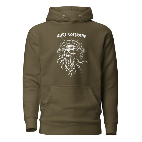 Front view of an army green unisex hoodie featuring a white skull with a barbed crown and twisting tentacles flowing from the chin.