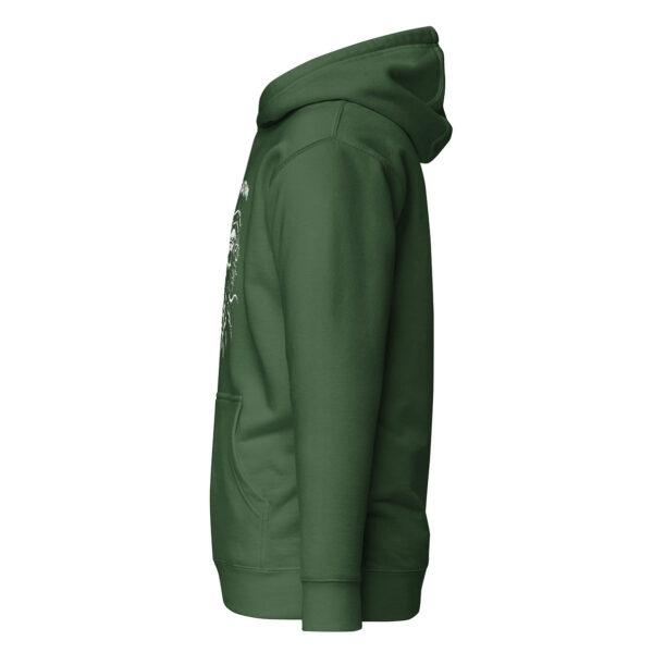 Side view of a forest green unisex hoodie with a partial view of a white skull-and-thorns design extending into twisting tendrils.