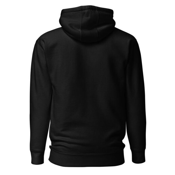 Back view of a black unisex hoodie with no visible design.
