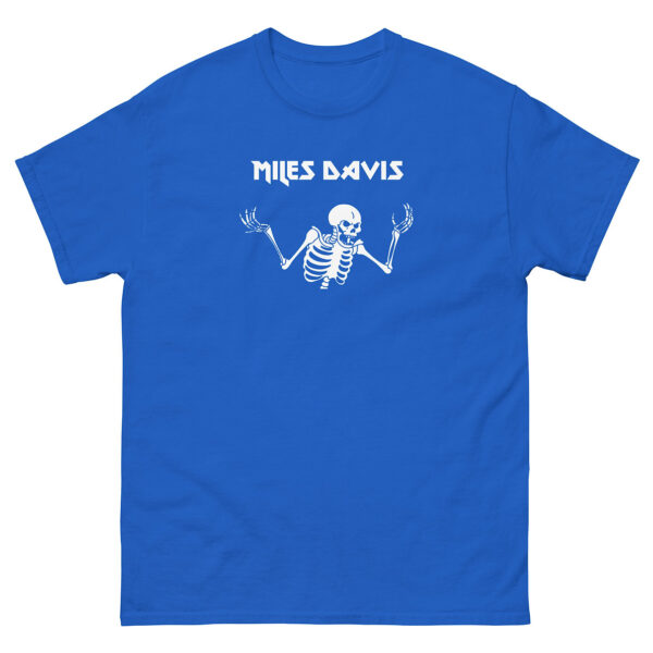 Bright royal blue unisex t-shirt featuring a white skeletal figure with raised arms, centered below the text “Miles Davis” in jagged, uppercase lettering.