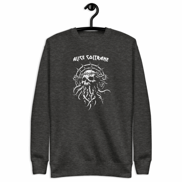 Dark heather gray crewneck sweatshirt with a centered graphic of a thorned skull and unruly vines. The words “ALICE COLTRANE” are printed above in white lettering.