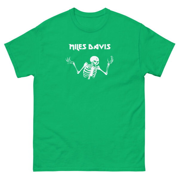Kelly green unisex t-shirt displaying a white skeleton with upturned arms beneath the name “Miles Davis” in geometric uppercase letters.