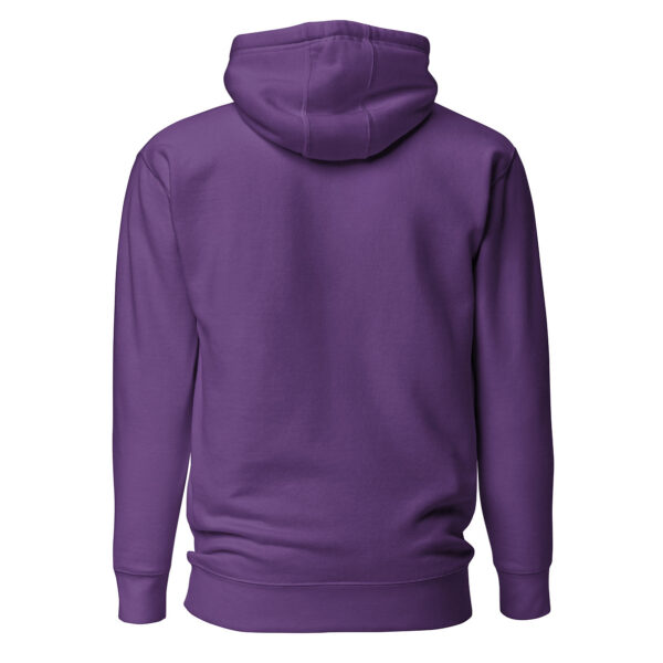 Back view of a purple unisex hoodie with no visible design or text.