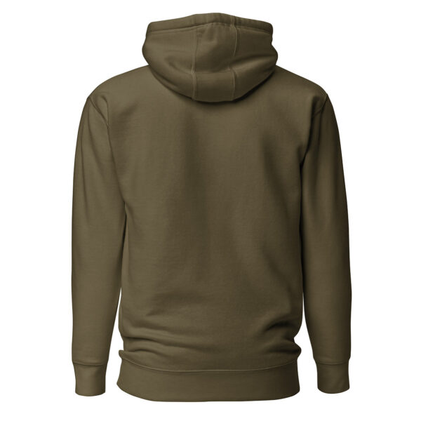 Back view of an army green unisex hoodie with no visible graphics or text.