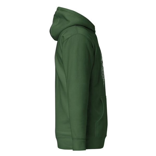 Side view of a forest green unisex hoodie with a partial front print of a skeletal skull and thorn-wrapped tentacles in white.