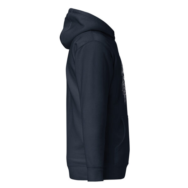 Side view of a navy blue unisex hoodie with a partial view of a white skull with thorny halo and tendril-like extensions.