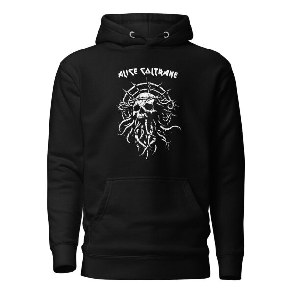 Front view of a black unisex hoodie displaying a large white graphic of a skull encircled by barbed thorns, with long curling tendrils below.