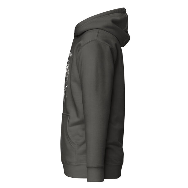 Side view of a dark grey unisex hoodie featuring a white thorned skull with tentacle-like extensions radiating downward from the jaw.